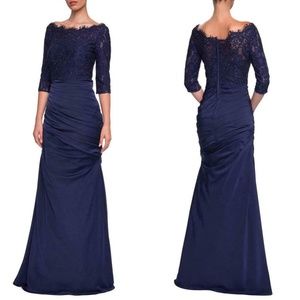 NEW LA FEMME Navy SPARKLE LACE Satin Scallop RUCHED Evening Dress TRUMPET GOWN 8